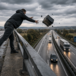 Unbekannte werfen Einkaufswagen von Brücke