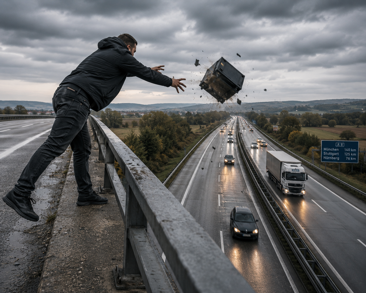 Unbekannte werfen Einkaufswagen von Brücke